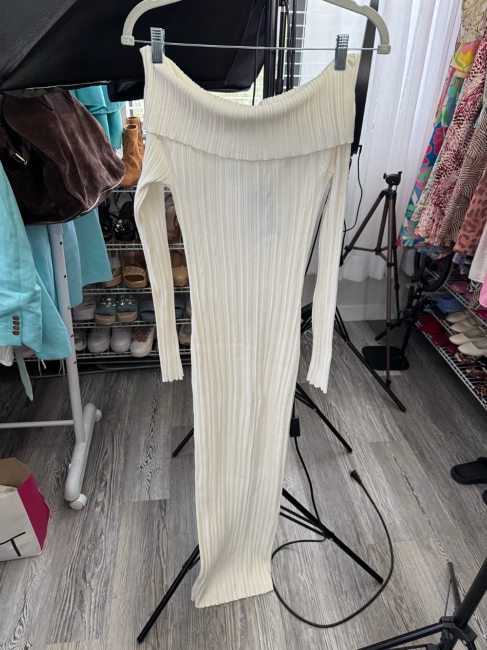 H&M Off-Shoulder Long Sleeve Ribbed Maxi Dress in Cream
